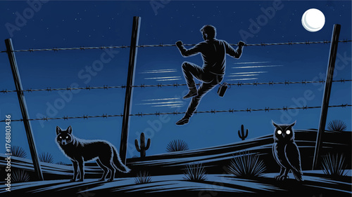Nighttime desert escape illustration with man climbing barbed wire fence, full moon, coyote, owl, and cactus landscape