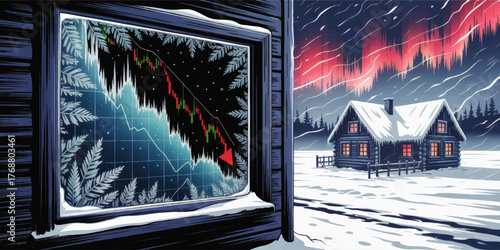 Winter Bear Market Crisis Concept, Falling Stock Chart Reflected in Frosty Cabin Window, Aurora Borealis, Snowy Landscape Illustration