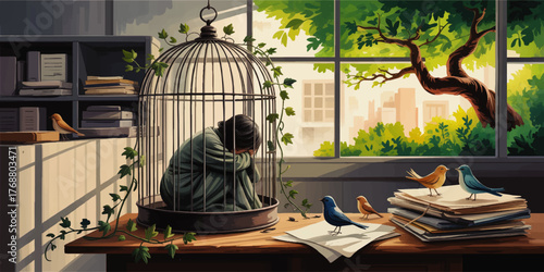 Melancholic Woman in Birdcage Surrounded by Books and Birds, Illustrating Confinement and Hope Near Sunlit Window