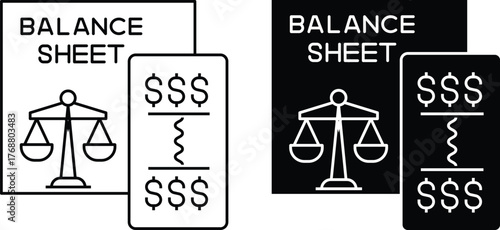 (Editable) Pack Balance Sheet Scales with assets Liabilities Adobe Illustrator Artwork Perfectly Accurate, Primium Quality Line Art and Silhouette, Two Style Pack Icon Design.