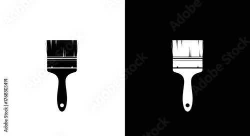 A simple graphic icon of a paintbrush shown in two versions: black on a white background and an inverted white on a black background.