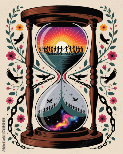 Surreal Hourglass Illustration with People, Sunrise, Chains, Birds, Flowers, and Cosmic Galaxy – Concept of Time and Life