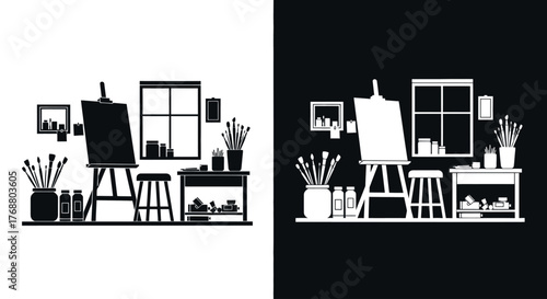 A black and white silhouette illustration of an artist's studio workspace with an easel, canvas, and supplies.