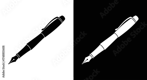 A simple black fountain pen icon on a white background and its white inverse on a black background.