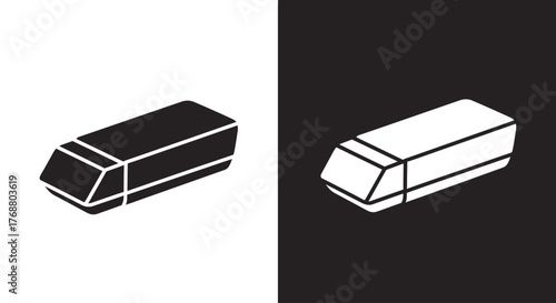 A simple black and white icon set featuring an isometric illustration of a rectangular rubber eraser for school or office.