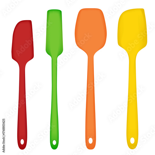 Spatulas, four multi-color sizes and shapes, large, medium, and small colorful kitchen tools, Isolated on white background.