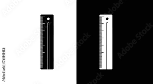 Simple black and white icons of a ruler for measurement, displayed on contrasting backgrounds.
