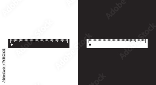 A simple black and white graphic illustration of two rulers presented on contrasting backgrounds.