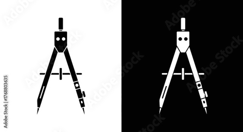 A black drawing compass icon on a white background alongside its white inverse on a black background.