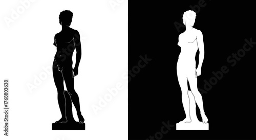 High-contrast black and white illustration of a classical male statue, shown in positive and negative silhouettes.