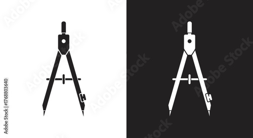 A simple vector icon of a drawing compass, shown in both black on white and white on black versions.