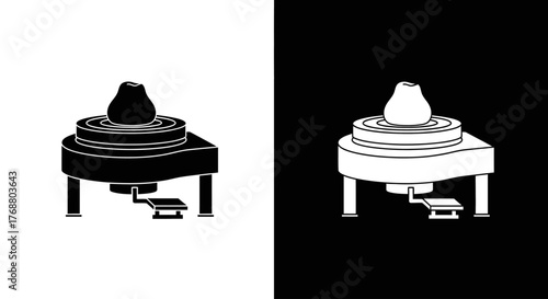 Black and white icon set showing a potter's wheel with a lump of wet clay being shaped into a pot.