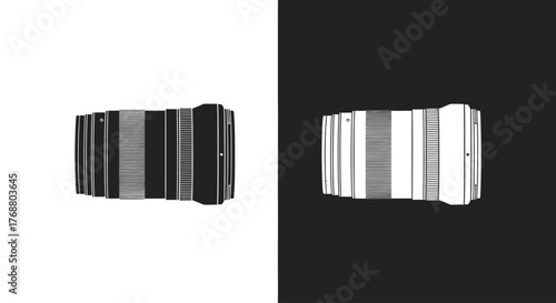 A black bandoneon on a white background next to its inverted white version on a black background.