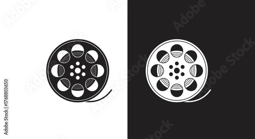 A simple, graphic icon of a classic movie film reel, presented in both black and white and inverted color schemes.