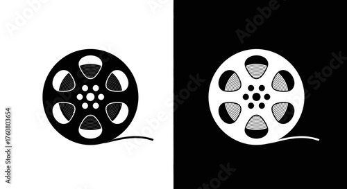 A classic movie film reel icon presented in two variations, black on a white background and its negative inverse.