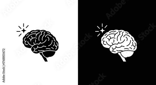 Minimalist black and white icons of a sparkling human brain symbolizing intelligence and ideas.