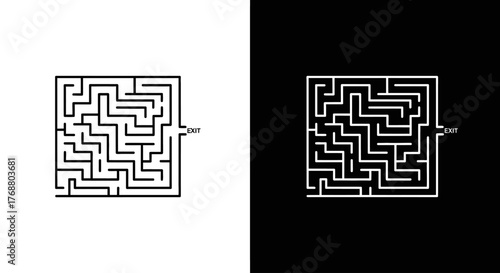 A black and white graphic illustration of a rectangular maze puzzle with an entrance arrow and a goal exit.