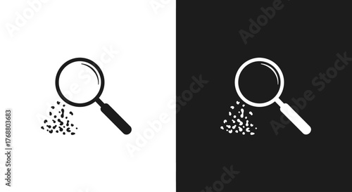 A minimalist icon of a magnifying glass examining a cluster of small particles, presented in both black and white versions.