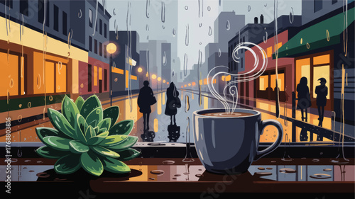 Cozy Coffee Shop Window Scene with Rainy City Street, Succulent Plant, and Silhouettes – Warm Atmosphere, Modern Illustration