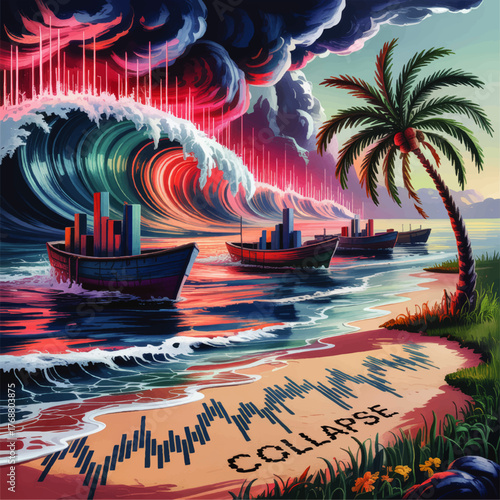 Dramatic Stock Market Collapse Concept Art with Tsunami Wave, Sinking Boats, Palm Tree, and Financial Chart on Tropical Beach