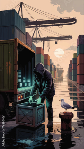 Mysterious Hooded Figure Unloading Crate at Shipping Port at Sunset, Cargo Container Terminal Illustration, Crime Concept