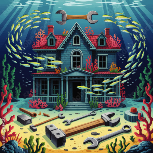 Surreal Underwater Victorian House with Coral, Fish Swarm, and Scattered Tools, Vibrant Ocean Fantasy Illustration