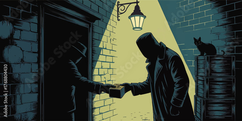 Mysterious Alleyway Exchange at Night - Stylized Crime Noir Illustration with Dark Figures, Black Cat, and Dramatic Lighting