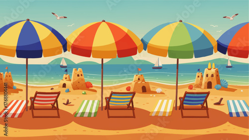 Colorful Beach Umbrellas, Sandcastles, and Deck Chairs on Sunny Seaside with Sailboats – Summer Vacation Vector Illustration