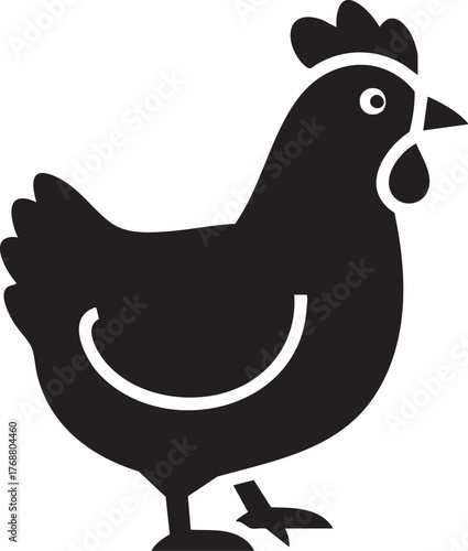 Stylized black silhouette of a domestic chicken, perfect for agricultural themes, farm animal logos, and graphic design elements related to poultry farming and country life