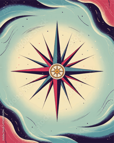 Vintage Nautical Compass Rose Illustration with Retro Colors, Adventure Navigation Symbol, Swirl Sky Background, Vector Art