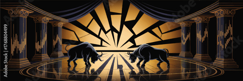 Dramatic Bull Market Battle Illustration – Two Bulls Face Off in Majestic Golden Hall, Finance Concept, Stock Market Art