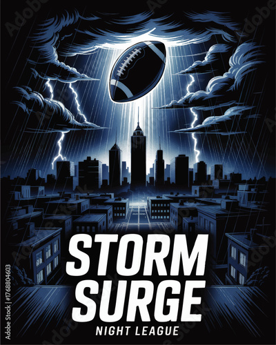Dramatic Night Football Poster with Stormy Skyline, Lightning, Urban Cityscape, and Storm Surge Night League Theme