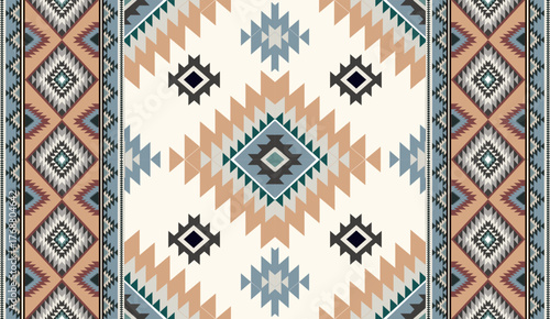 Seamless geometric ethnic pattern inspired by Native American tribal fabric. Traditional Aztec and Navajo style carpet and tile vector design on navy blue background. Perfect for textile, wrapping,