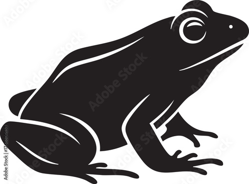 Black silhouette of a frog in a side profile, vector art on a white background