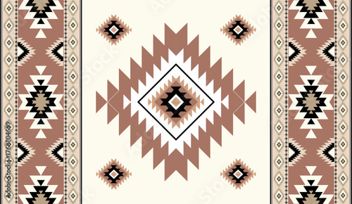 Seamless geometric ethnic pattern inspired by Native American tribal fabric. Traditional Aztec and Navajo style carpet and tile vector design on navy blue background. Perfect for textile, wrapping,
