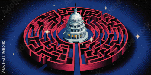 Political Illustration of US Capitol Building in Circular Maze, Symbolizing Government Complexity and Legislative Challenges