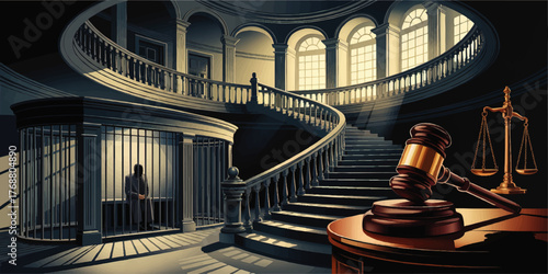 Elegant Courtroom Interior with Spiral Staircase, Gavel, Scales of Justice, and Prisoner in Cage – Justice and Law Concept Illustration