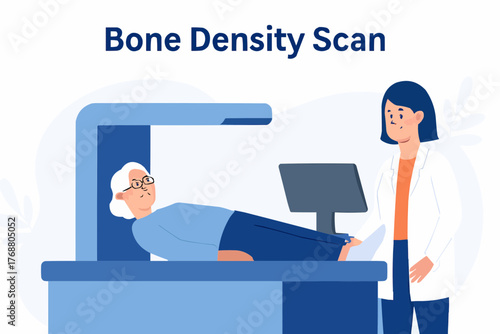 Flat vector of bone density scan procedure with elderly patient and technician
