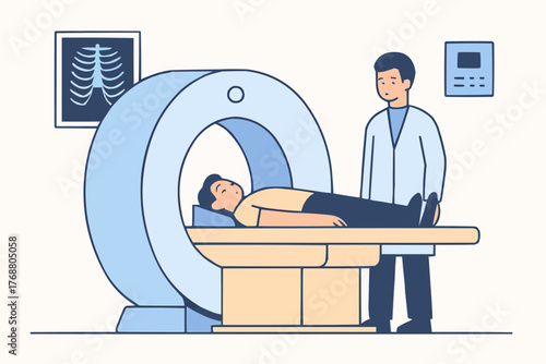 Flat vector of a patient undergoing CT scan in a radiology room with technician