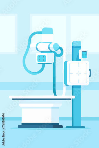 Flat vector illustration of a modern diagnostic X-ray machine in a clean hospital setting