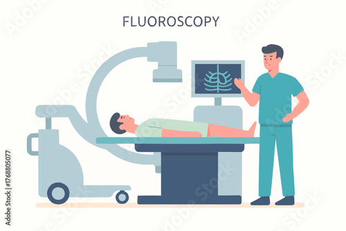 Flat vector of fluoroscopy imaging procedure in hospital with patient and technician