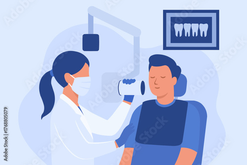 Flat vector of dental X-ray procedure with patient and dentist in clinic