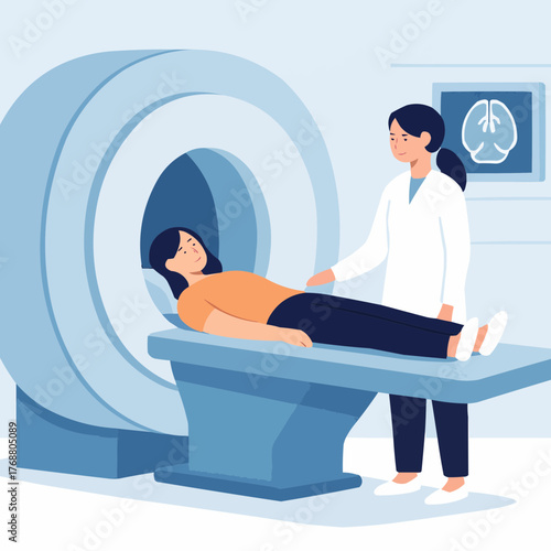 Flat vector scene of MRI scan procedure with patient and technician in hospital