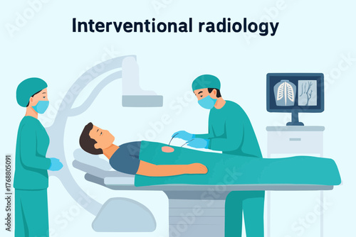 Flat vector of interventional radiology procedure with patient and medical team