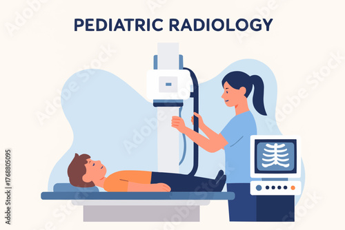 Flat vector of pediatric radiology procedure with child patient and technician