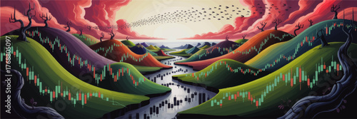 Vibrant surreal landscape with stock market candlestick charts, flowing river, colorful hills, and dramatic sunset clouds