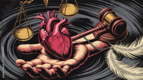 Symbolic Illustration of Justice, Fairness, and Compassion – Hand Holding Heart, Judge’s Gavel, Scales and Feather, Engraved Style