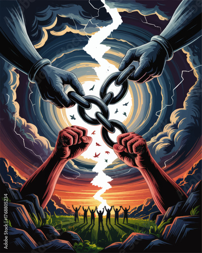 Dramatic Illustration of Breaking Chains and Fists Symbolizing Freedom, Empowerment, Social Justice, and Hope at Sunrise