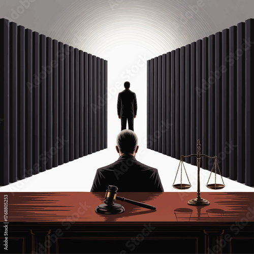 Dramatic Courtroom Scene with Judge, Defendant, Gavel, and Scales of Justice – Legal Judgment and Law Enforcement Concept Illustration