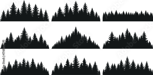 A collection of nine distinct black silhouettes featuring coniferous pine tree forests, ideal for creating rustic wilderness and outdoor landscape designs